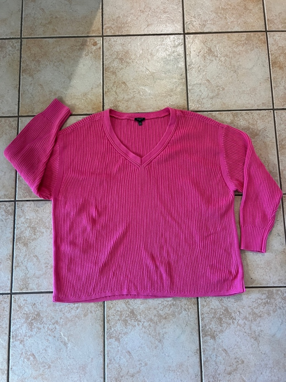 Talbots Plus Bright Pink V-Neck Long Sleeve Ribbed Pima Cotton Knit Top, Sz 3X